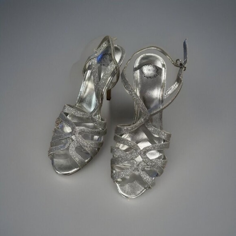 I. Miller Beautiful Silver Glitter Heels Shoes Ankle Straps Women’s Size 9.5